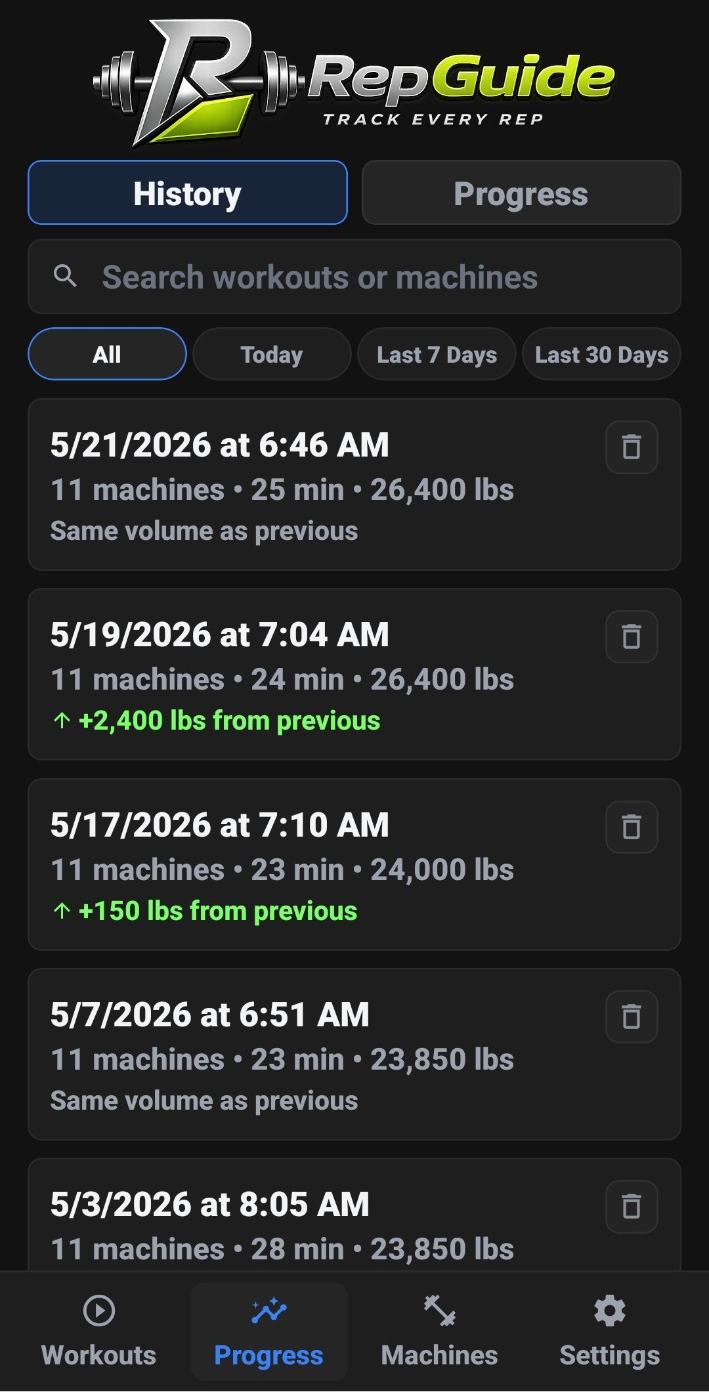 RepGuide progress history screen